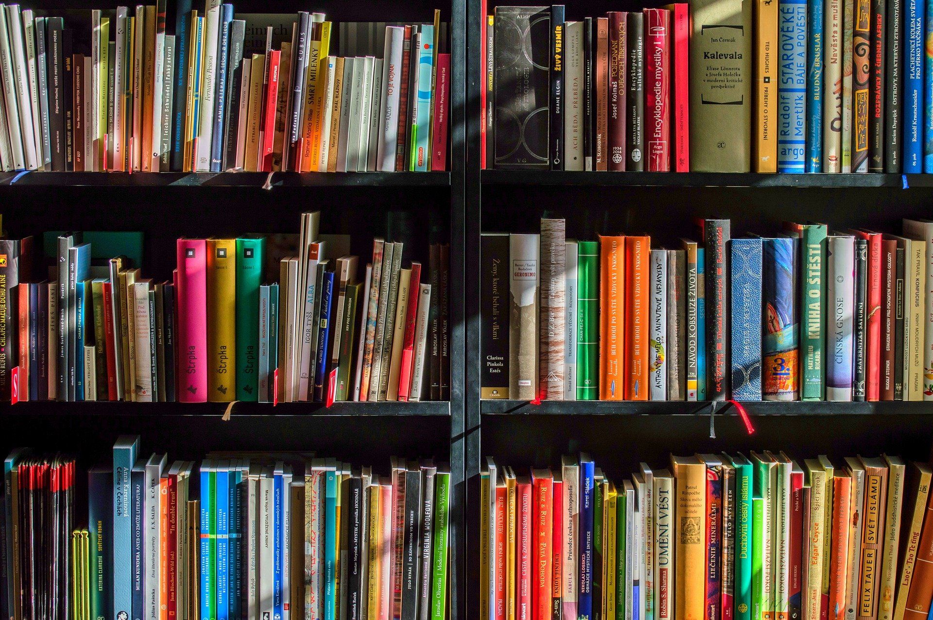 A bookshelf filled with colorful books.