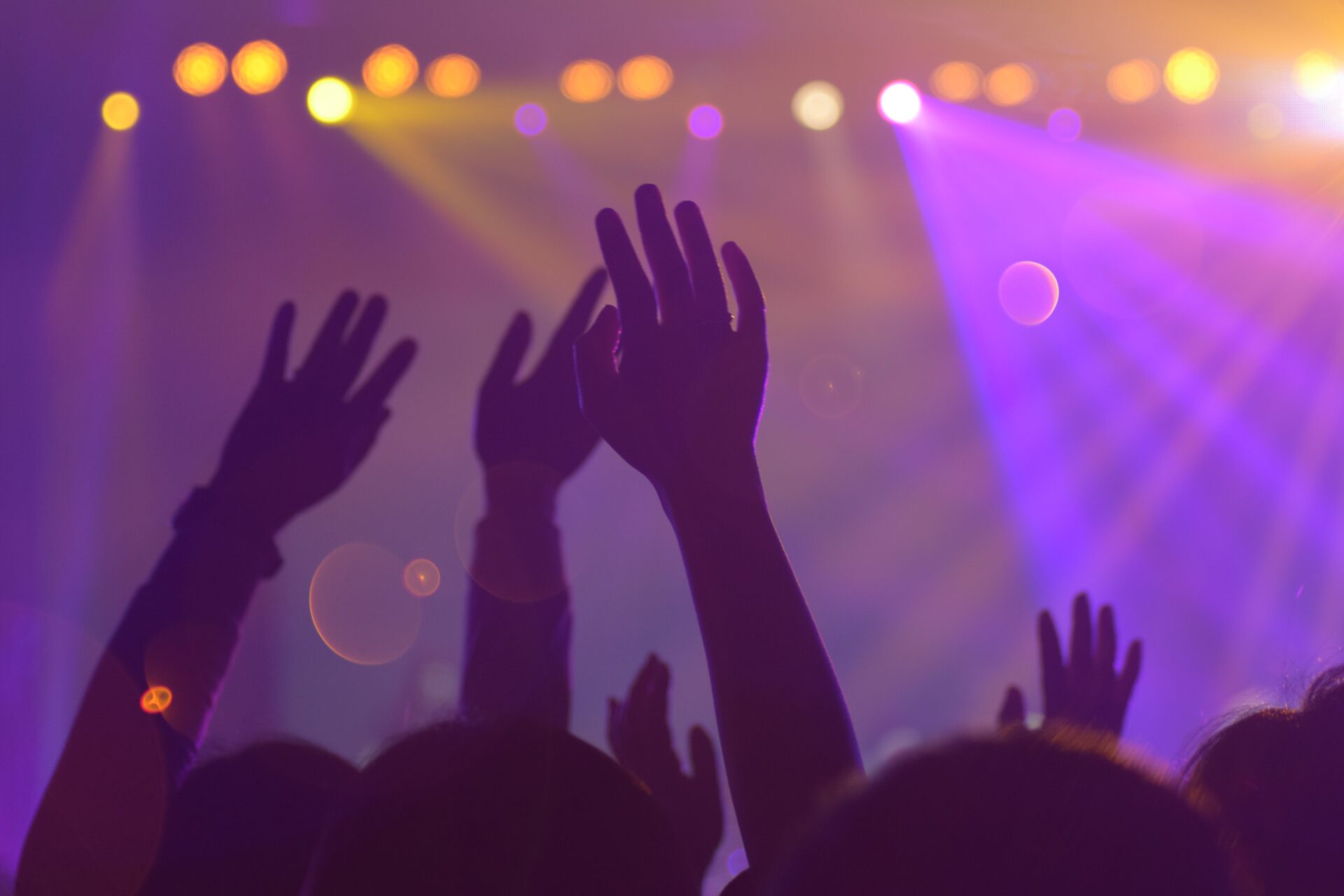 People with their hands up at a concert.