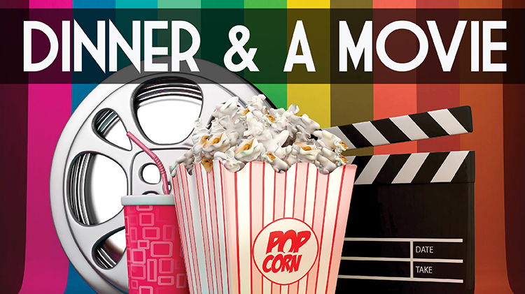 A graphic of popcorn and a film reel.