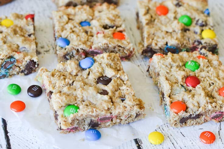Monster cookie bars on a table.